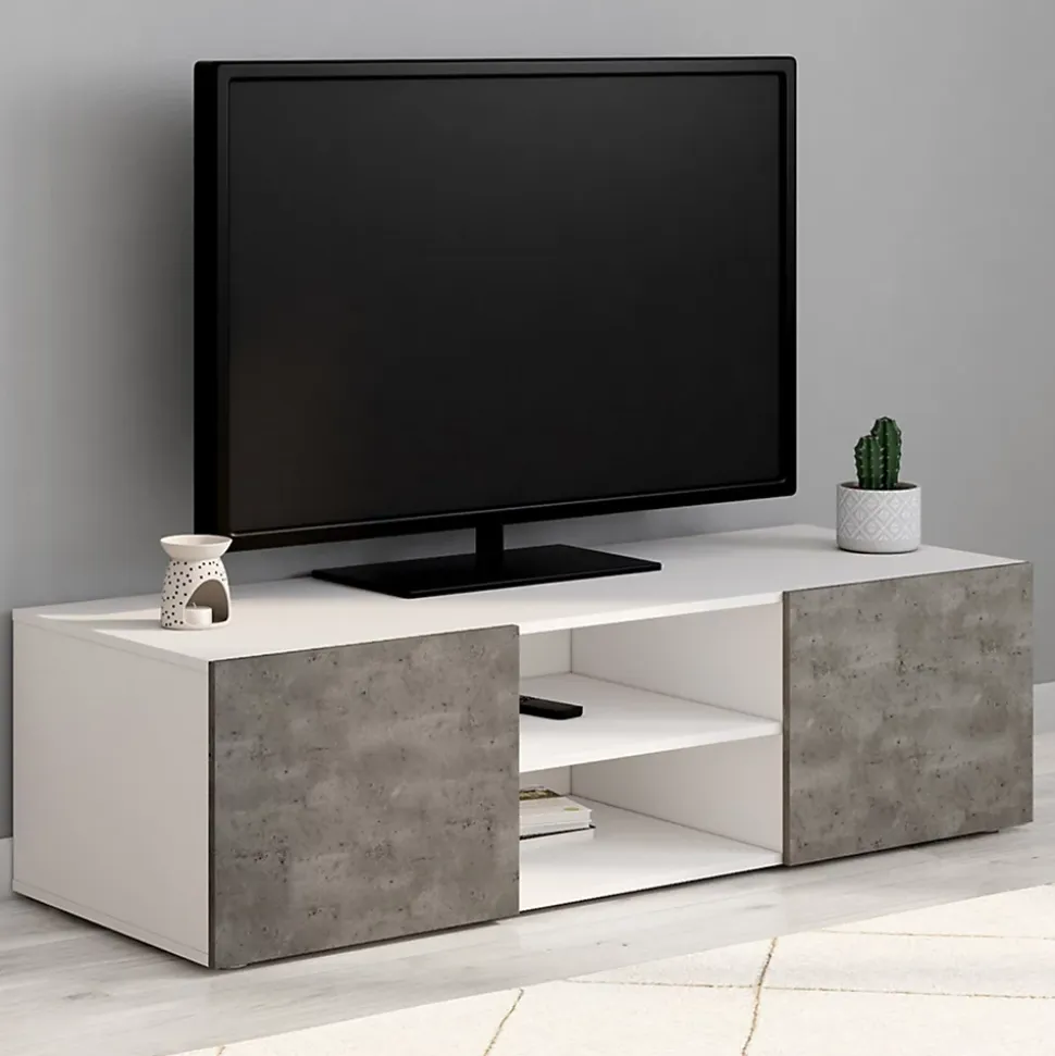 Meuble TV 113 cm ELI blanc portes effet béton
