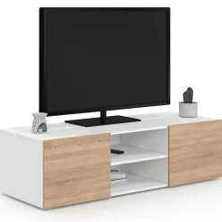 Meuble TV 113 cm ELI blanc portes façon hêtre