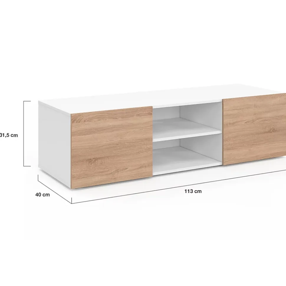 Meuble TV 113 cm ELI blanc portes façon hêtre