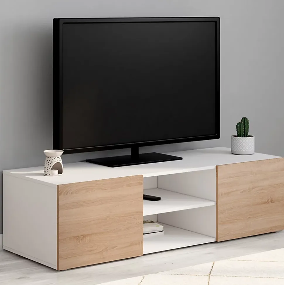 Meuble TV 113 cm ELI blanc portes façon hêtre