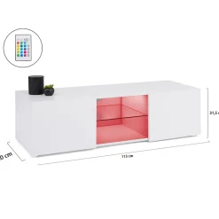 Meuble TV 113 cm ELI blanc étagère en verre avec LED