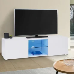 Meuble TV 113 cm ELI blanc étagère en verre avec LED
