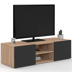 Meuble TV 113 cm ELI bois façon hêtre portes noires