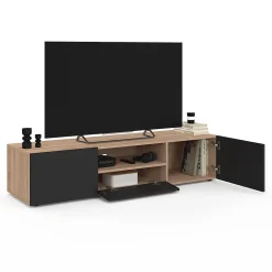 Meuble TV 140 cm ELI bois façon hêtre portes noires