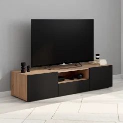 Meuble TV 140 cm ELI bois façon hêtre portes noires