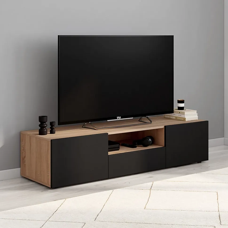 Meuble TV 140 cm ELI bois façon hêtre portes noires