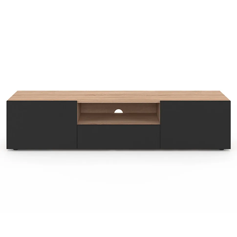 Meuble TV 140 cm ELI bois façon hêtre portes noires