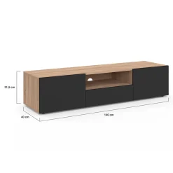 Meuble TV 140 cm ELI bois façon hêtre portes noires