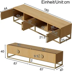 Meuble TV 180 Cm En Bois Grainé - Meuble De Salle à Manger Moderne, 4 Portes, Poignées Demi-rondes