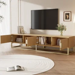 Meuble TV 180 Cm En Bois Grainé - Meuble De Salle à Manger Moderne, 4 Portes, Poignées Demi-rondes