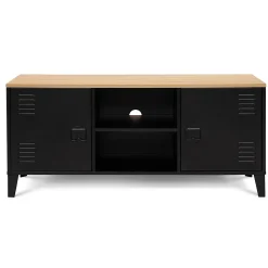 Meuble TV 113 cm ESTER 2 portes métal noir et plateau bois design industriel