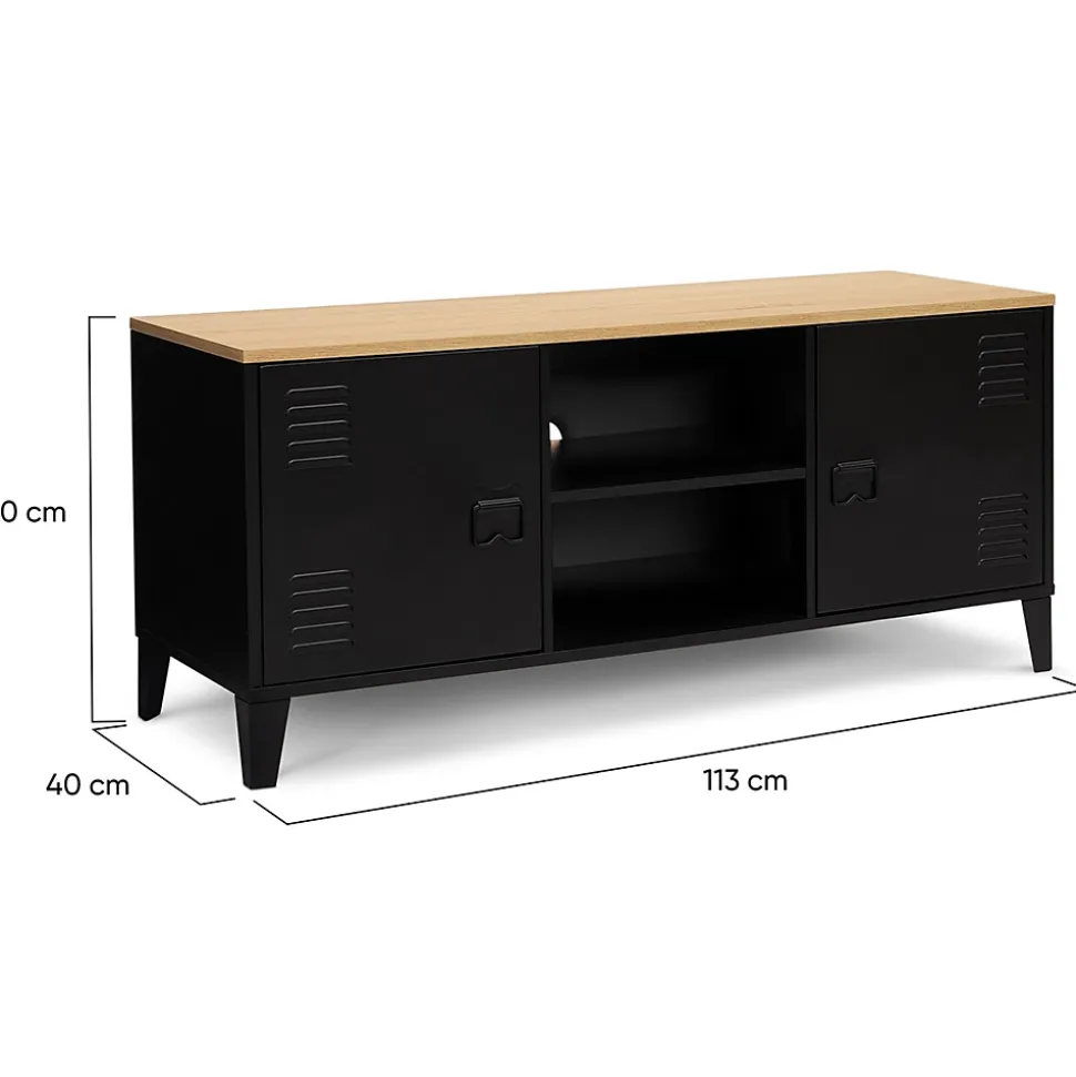 Meuble TV 113 cm ESTER 2 portes métal noir et plateau bois design industriel