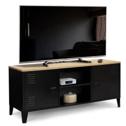 Meuble TV 113 cm ESTER 2 portes métal noir et plateau bois design industriel