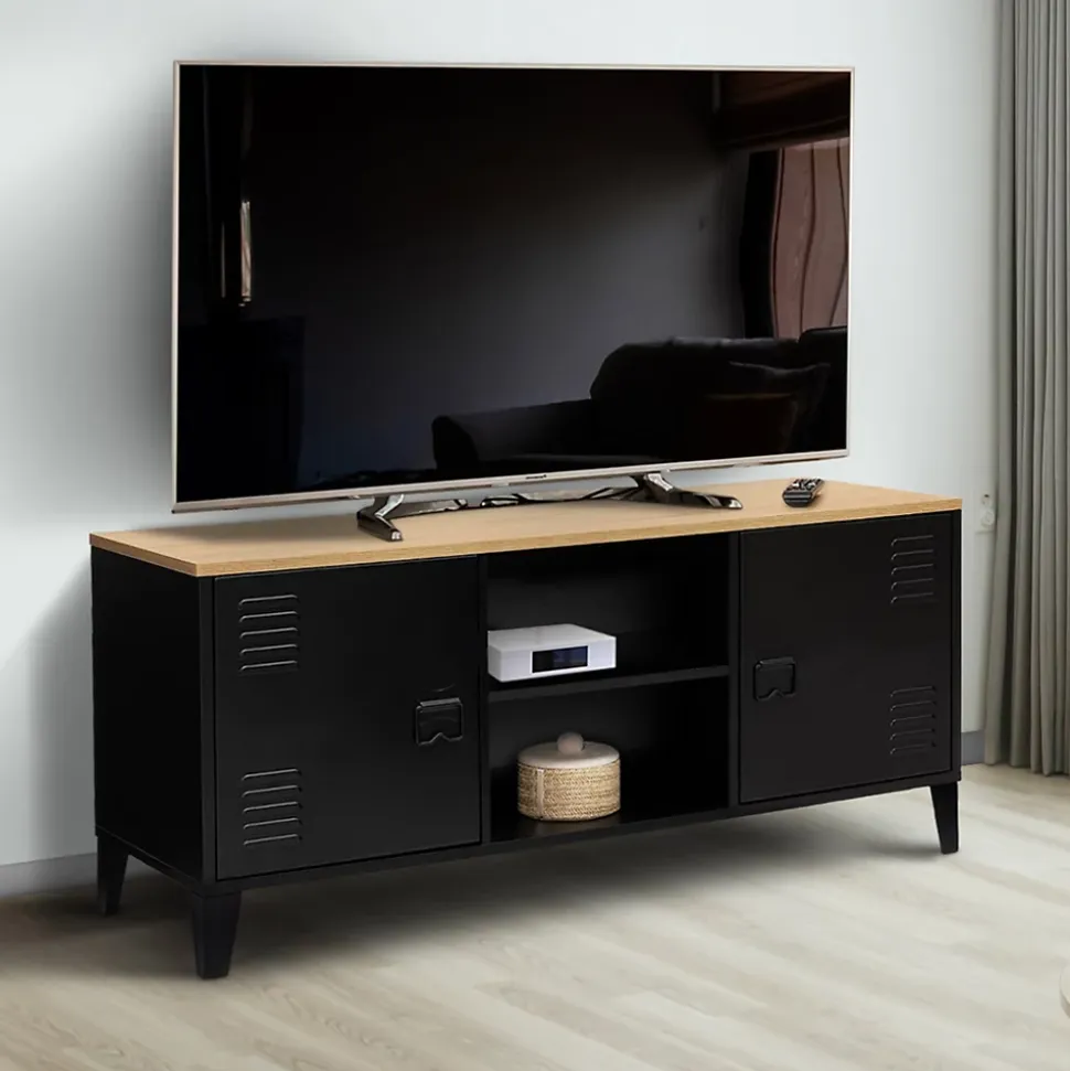 Meuble TV 113 cm ESTER 2 portes métal noir et plateau bois design industriel