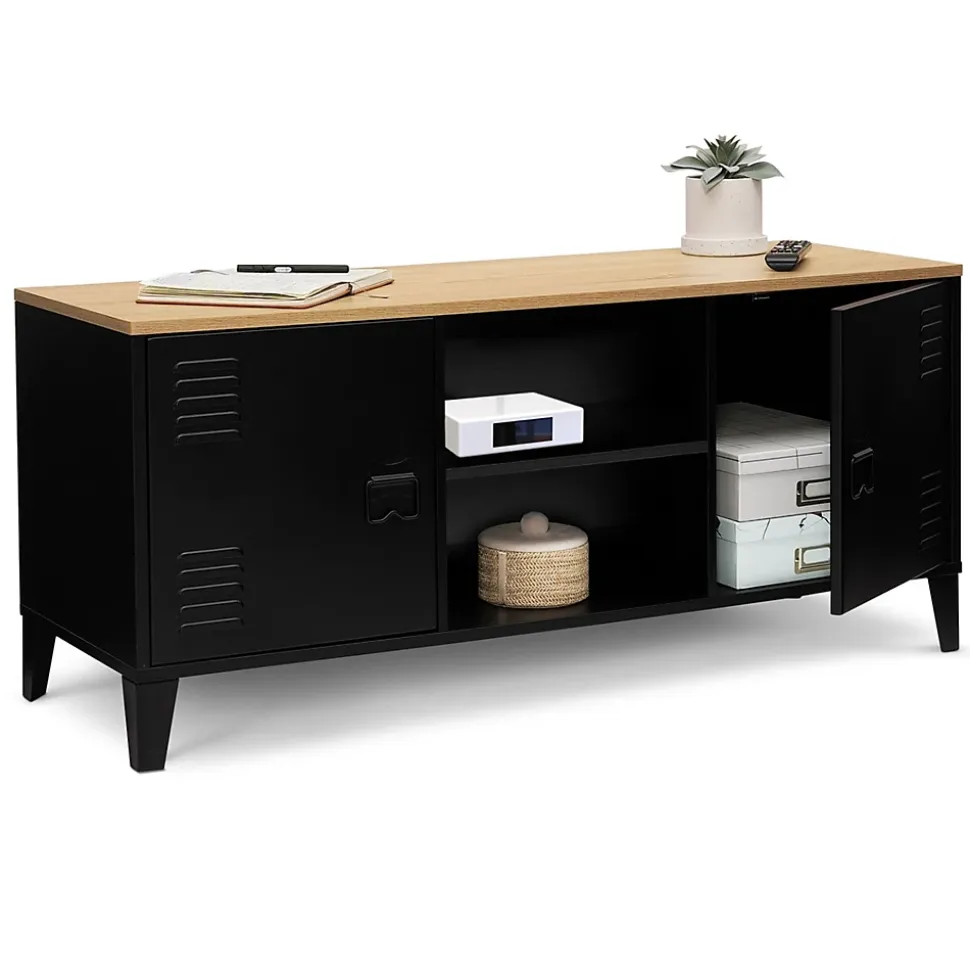 Meuble TV 113 cm ESTER 2 portes métal noir et plateau bois design industriel