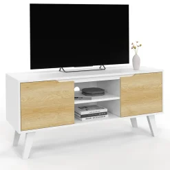 Meuble TV 110 cm FINN blanc 2 portes façon hêtre