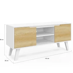 Meuble TV 110 cm FINN blanc 2 portes façon hêtre