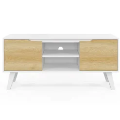 Meuble TV 110 cm FINN blanc 2 portes façon hêtre