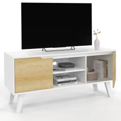 Meuble TV 110 cm FINN blanc 2 portes façon hêtre