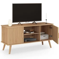 Meuble TV 110 cm JULIETTE 2 portes lattes tasseau bois coloris chêne