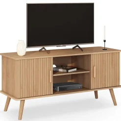 Meuble TV 110 cm JULIETTE 2 portes lattes tasseau bois coloris chêne