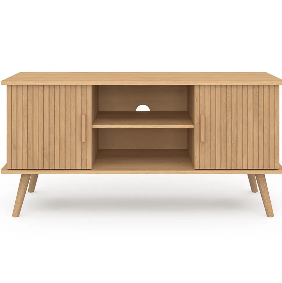 Meuble TV 110 cm JULIETTE 2 portes lattes tasseau bois coloris chêne