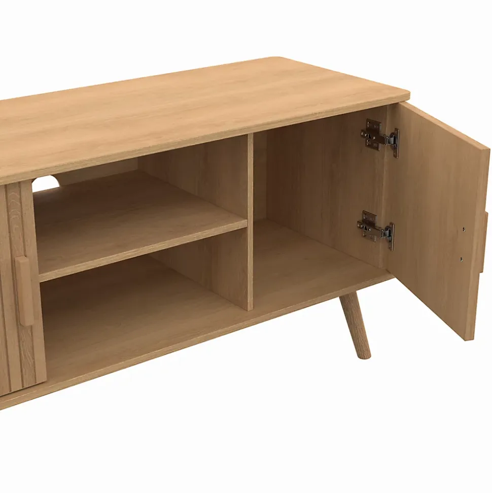 Meuble TV 110 cm JULIETTE 2 portes lattes tasseau bois coloris chêne