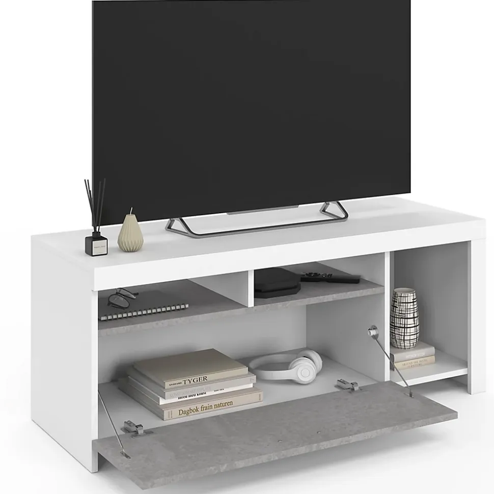 Meuble TV 110 cm MALO blanc et placard effet béton