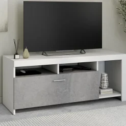 Meuble TV 110 cm MALO blanc et placard effet béton