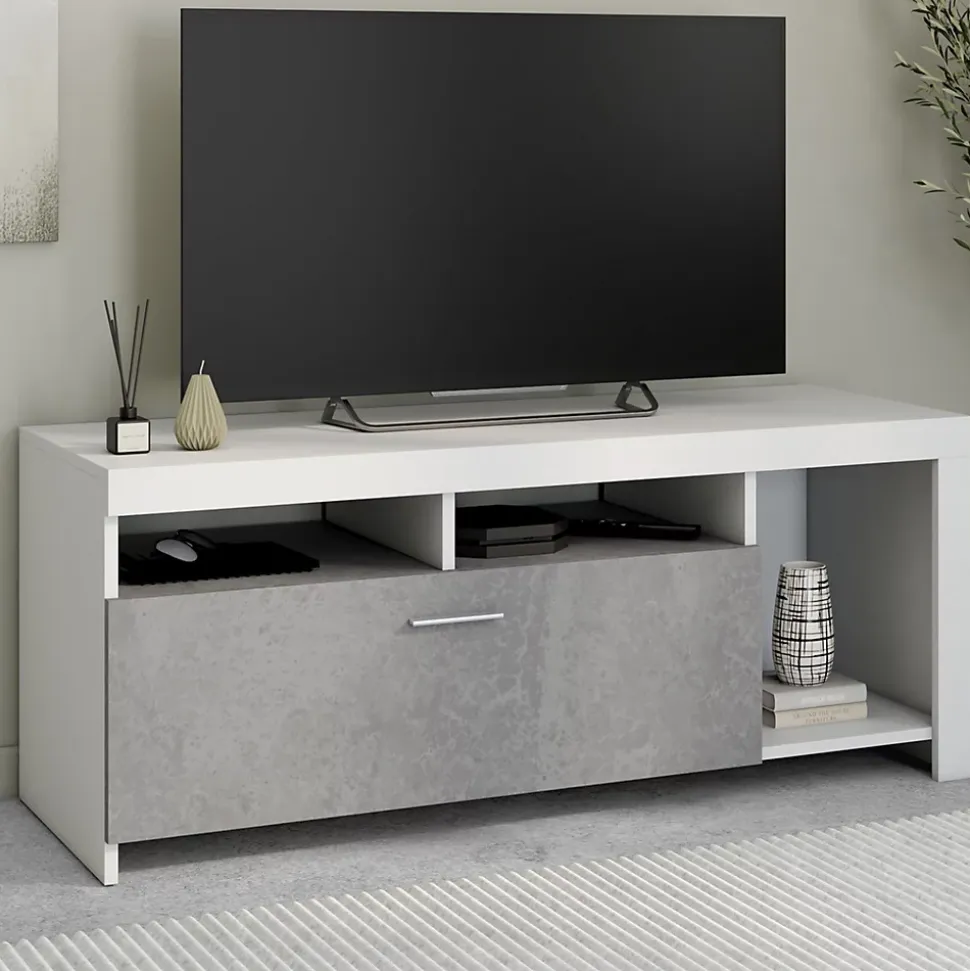 Meuble TV 110 cm MALO blanc et placard effet béton