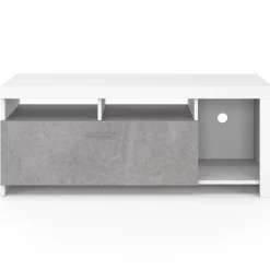 Meuble TV 110 cm MALO blanc et placard effet béton