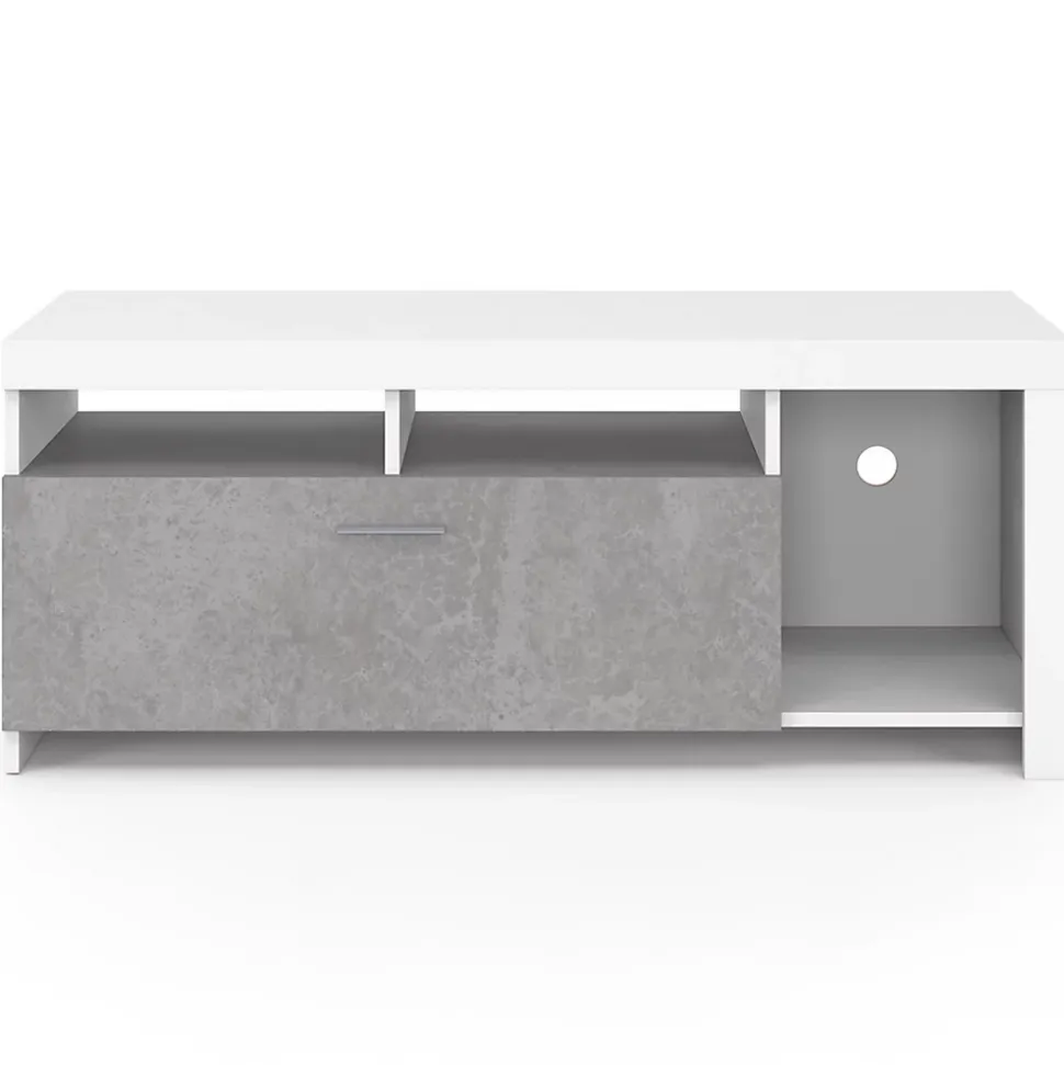 Meuble TV 110 cm MALO blanc et placard effet béton