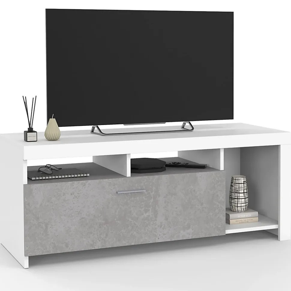 Meuble TV 110 cm MALO blanc et placard effet béton