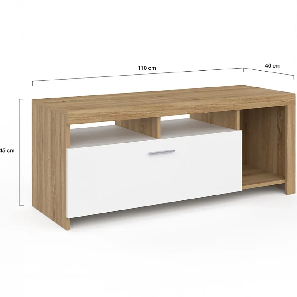 Meuble TV 110 cm MALO bois et placard blanc