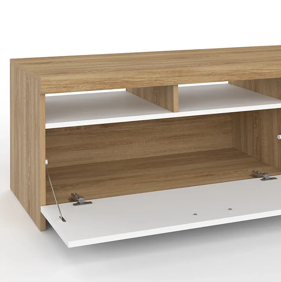 Meuble TV 110 cm MALO bois et placard blanc