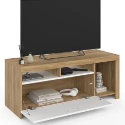 Meuble TV 110 cm MALO bois et placard blanc