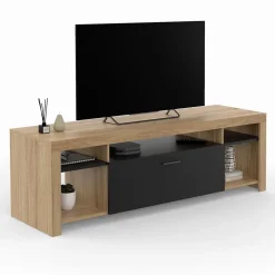 Meuble TV 140 cm MALO bois et placard noir