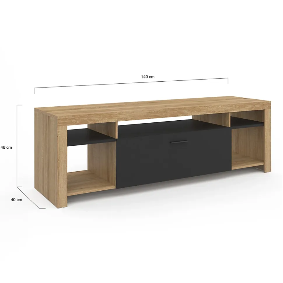 Meuble TV 140 cm MALO bois et placard noir
