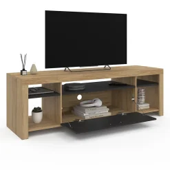 Meuble TV 140 cm MALO bois et placard noir