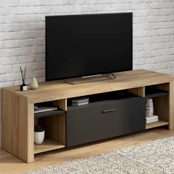 Meuble TV 140 cm MALO bois et placard noir