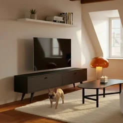 Meuble TV 160 cm mélaminé gris Oviala