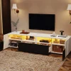 Meuble TV 180 cm Moderne avec LED, 2 Tiroirs et 2 Portes, Compartiments Ouverts, MDF et Verre - Blanc et Noir