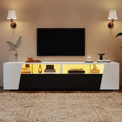 Meuble TV 180 cm Moderne avec LED, 2 Tiroirs et 2 Portes, Compartiments Ouverts, MDF et Verre - Blanc et Noir