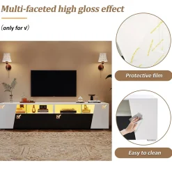 Meuble TV 180 cm Moderne avec LED, 2 Tiroirs et 2 Portes, Compartiments Ouverts, MDF et Verre - Blanc et Noir