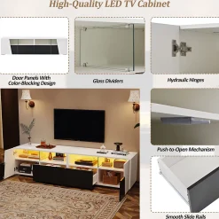 Meuble TV 180 cm Moderne avec LED, 2 Tiroirs et 2 Portes, Compartiments Ouverts, MDF et Verre - Blanc et Noir