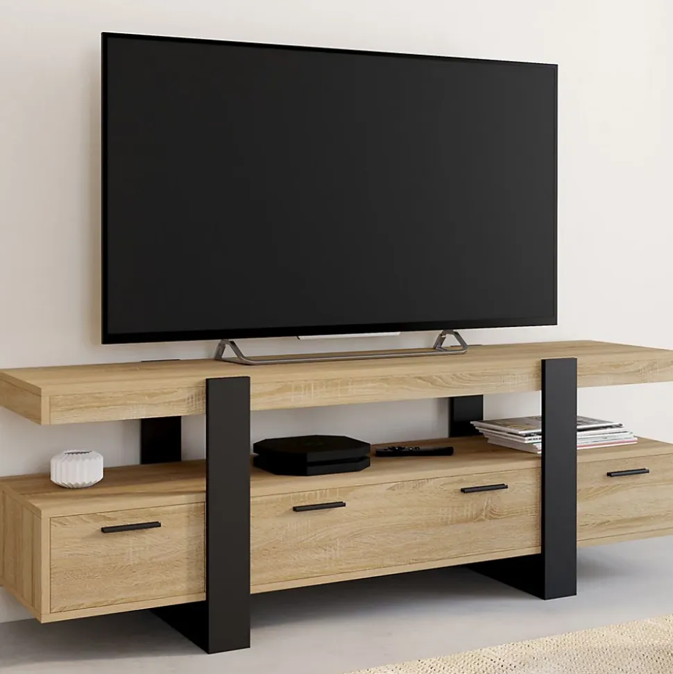 Meuble TV 140 cm PHOENIX avec tiroirs bois et noir