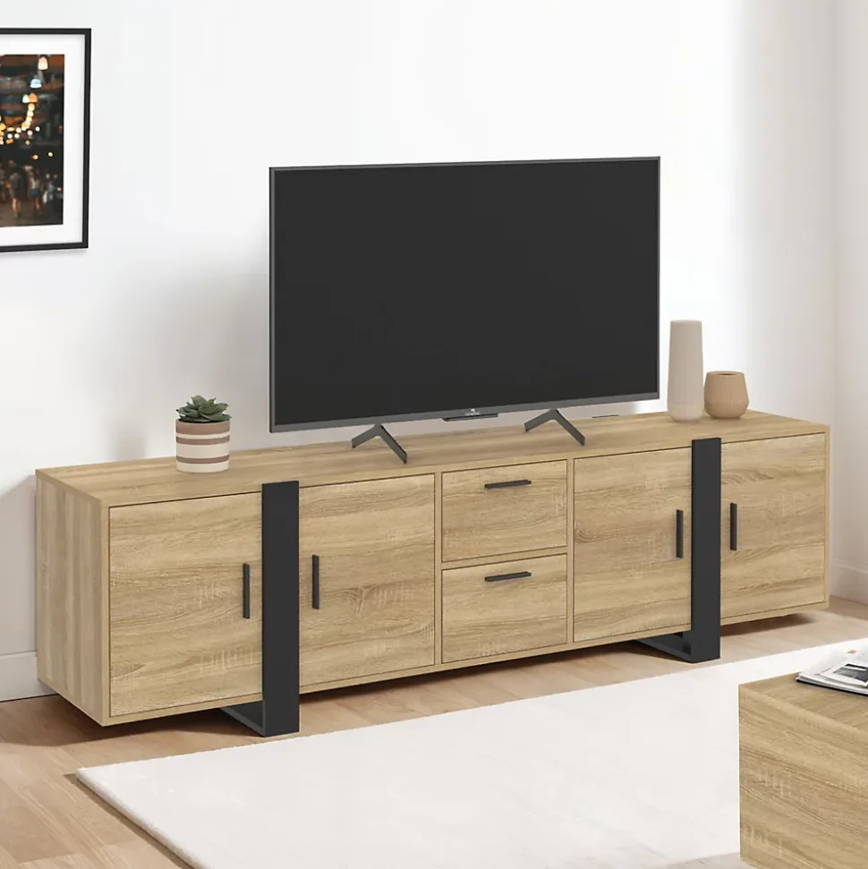Meuble TV 180 cm PHOENIX avec rangements bois et noir