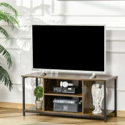 Meuble TV 110 cm, pour téléviseur jusqu'à 55 pouces avec compartiments ouverts et étagère réglable, brun rustique