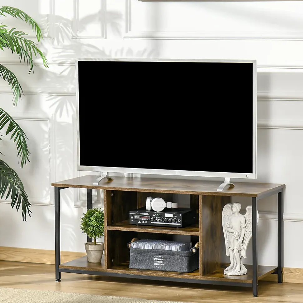 Meuble TV 110 cm, pour téléviseur jusqu'à 55 pouces avec compartiments ouverts et étagère réglable, brun rustique