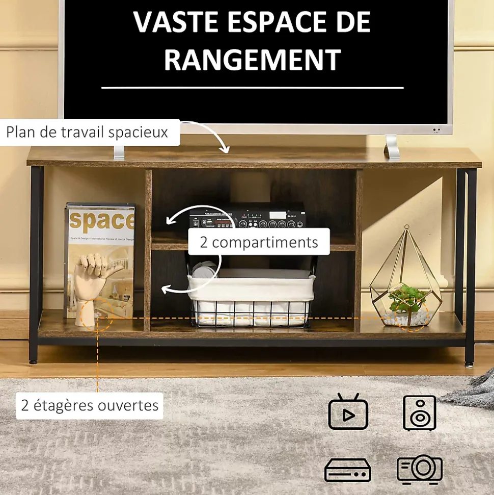 Meuble TV 110 cm, pour téléviseur jusqu'à 55 pouces avec compartiments ouverts et étagère réglable, brun rustique